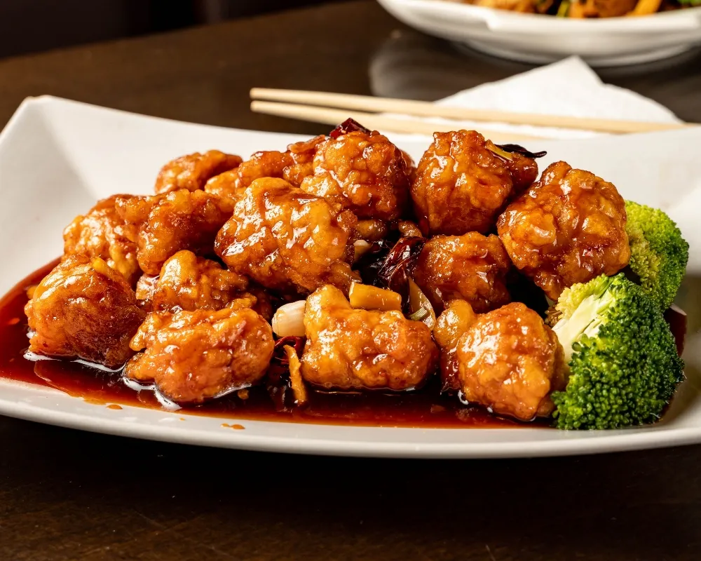 General Tso's chicken coated with rich spicy sweet sauce at China Star Chinese Buffet，a Chinese Restaurant in Waco